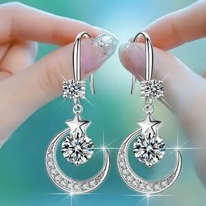 Star, Moon, Celestial Astrology, Crescent Moon Silver tone Dangle Earrings